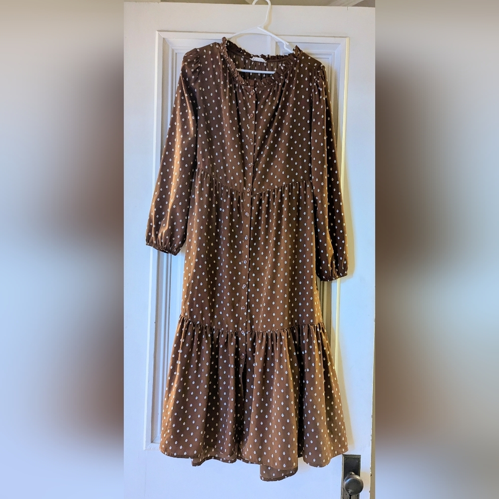 Cottagecore Brown and White Button Down Dress With Tiered Skirt